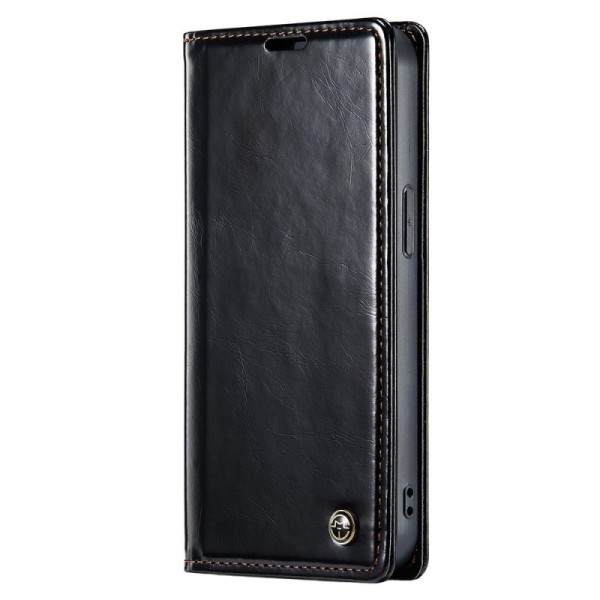„CaseMe“ Leather solīds atvēramais ādas maciņš - melns (iPhone 15 Pro)