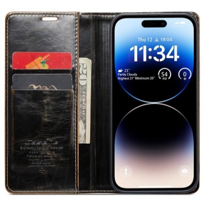 Apple iPhone 15 Pro Max „CaseMe“ Leather открываемый коричневый кожаный чехол – книжка | Vacins.lv