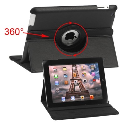 Apple iPad 2, 3, 4 atvēramais melns ādas futrālis, grozās 360° grādu apjomā / Vacins.lv