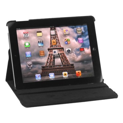 Apple iPad 2, 3, 4 atvēramais melns ādas futrālis, grozās 360° grādu apjomā / Vacins.lv