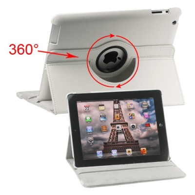 Apple iPad 2, 3, 4 atvēramais balts ādas futrālis, grozās 360° grādu apjomā / Vacins.lv