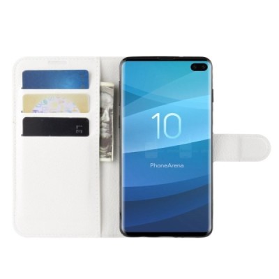 Samsung Galaxy S10+ (G975) atvēramais balts ādas Litchi maciņš (maks) | Vacins.lv