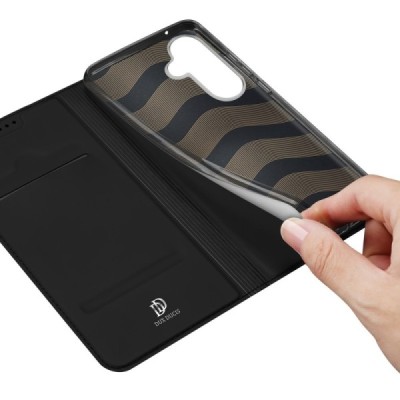Samsung Galaxy S23 FE (Fan Edition) „Dux Ducis“ Skin sērijas melns ādas atvērams maciņš | Vacins.lv