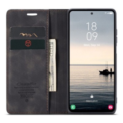 Samsung Galaxy S23 FE (Fan Edition) CaseMe Retro solīds atvēramais ādas melns maciņš - maks | Vacins.lv