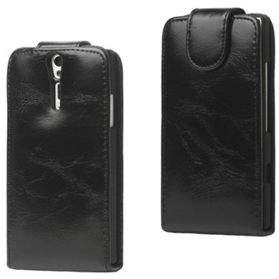 Sony Xperia S klasisks ādas vertikāli atvēramais melns futrālis / Vacins.lv