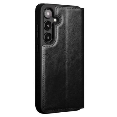 Samsung Galaxy S24 (SM-S921) „QIALINO“ atvēramais ādas melns maciņš - maks | Vacins.lv