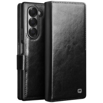 Samsung Galaxy Fold6 5G "QIALINO" открываемый чёрный кожаный чехол - книжка | Vacins.lv