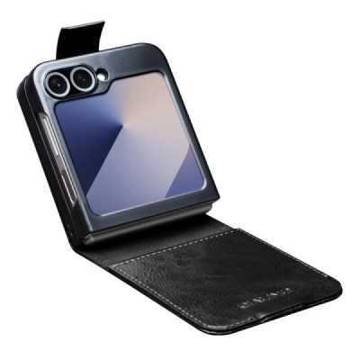 Samsung Galaxy Flip7 FE / Flip6 "QIALINO" atvēramais ādas melns maciņš - maks | Vacins.lv