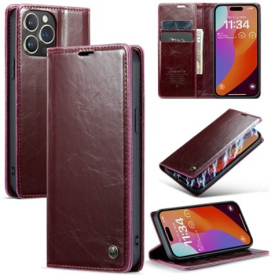 Apple iPhone 16 Pro CaseMe Leather solīds atvēramais ādas bordo maciņš - maks | Vacins.lv