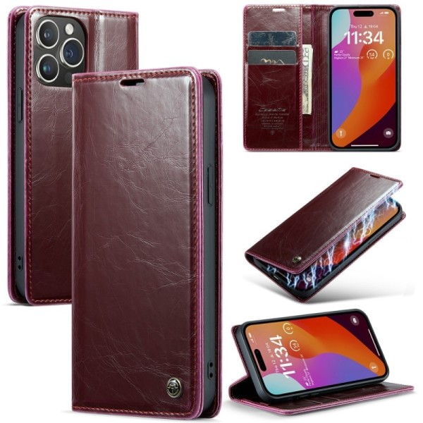 Кожиный чехол-книжка "CaseMe" Leather - бордовый (iPhone 16 Pro)