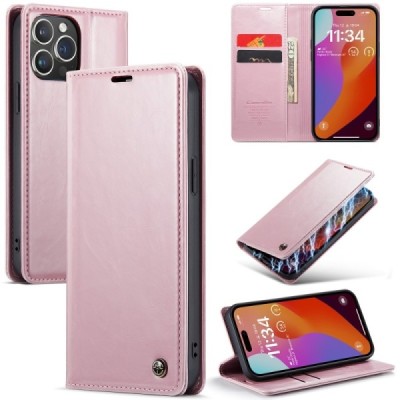 Apple iPhone 16 Pro CaseMe Leather solīds atvēramais ādas rozs maciņš - maks | Vacins.lv