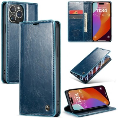 Apple iPhone 16 Pro CaseMe Leather solīds atvēramais ādas zils maciņš - maks | Vacins.lv