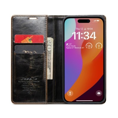 Apple iPhone 16 Pro Max CaseMe Leather solīds atvēramais ādas brūns maciņš - maks | Vacins.lv