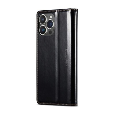 Apple iPhone 16 Pro Max CaseMe Leather solīds atvēramais ādas melns maciņš - maks | Vacins.lv