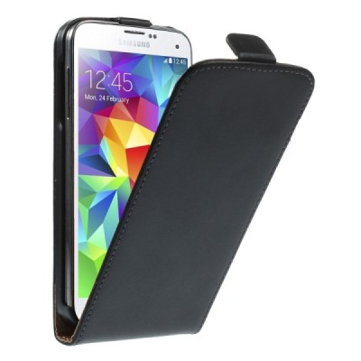 Samsung Galaxy S5 mini G800 klasisks ādas vertikāli atvēramais melns futrālis / Vacins.lv