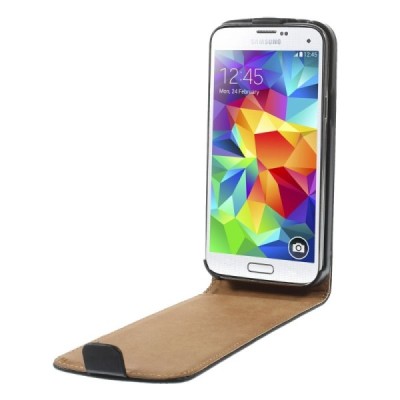Samsung Galaxy S5 mini G800 klasisks ādas vertikāli atvēramais melns futrālis / Vacins.lv