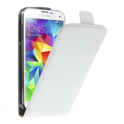 Samsung Galaxy S5 mini G800 klasisks ādas vertikāli atvēramais balts futrālis / Vacins.lv