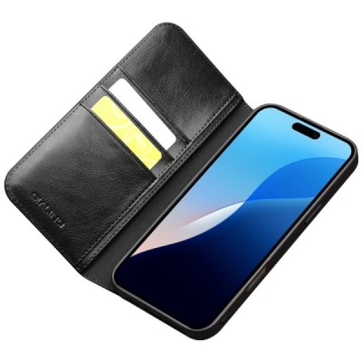 Apple iPhone 16 Pro Max "QIALINO" открываемый чёрный кожаный чехол - книжка | Vacins.lv