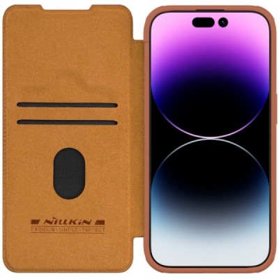 Greznais „Nillkin“ Qin Pro sērijas ādas atvērams brūns Apple iPhone 15 Pro maciņš | Vacins.lv