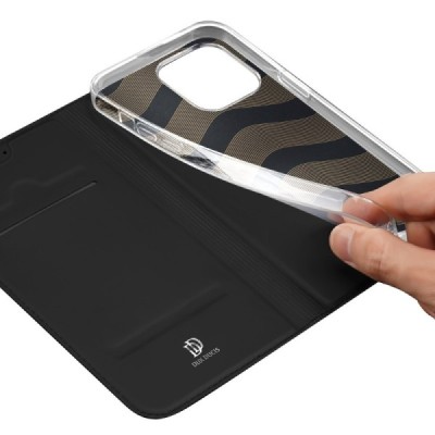 Apple iPhone 15 Pro Max „Dux Ducis“ Skin sērijas melns ādas atvērams maciņš | Vacins.lv