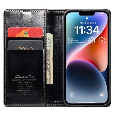Apple iPhone 15 „CaseMe“ Leather solīds atvēramais ādas melns maciņš - maks | Vacins.lv