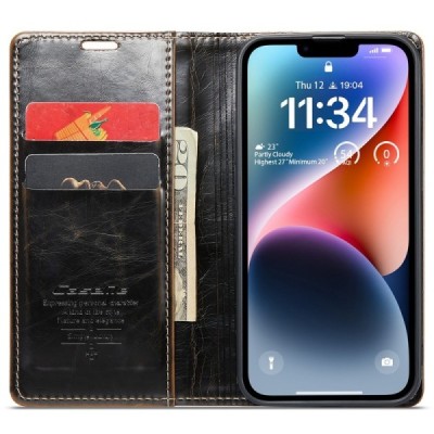 Apple iPhone 15 Plus „CaseMe“ Leather solīds atvēramais ādas brūns maciņš - maks | Vacins.lv