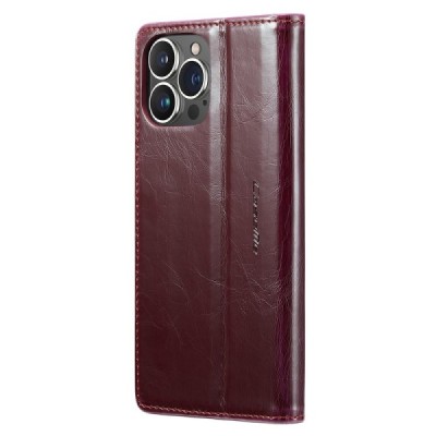 Apple iPhone 15 Pro Max „CaseMe“ Leather solīds atvēramais ādas bordo maciņš - maks | Vacins.lv