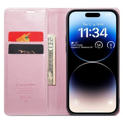 Apple iPhone 15 Pro Max „CaseMe“ Leather открываемый,розового цвета, кожаный чехол – книжка | Vacins.lv