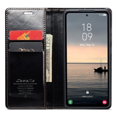 Samsung Galaxy S23 FE (Fan Edition) „CaseMe“ Leather открываемый чёрный кожаный чехол – книжка | Vacins.lv