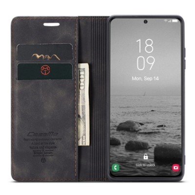 Samsung Galaxy S24 (SM-S921) CaseMe Retro solīds atvēramais ādas melns maciņš - maks | Vacins.lv