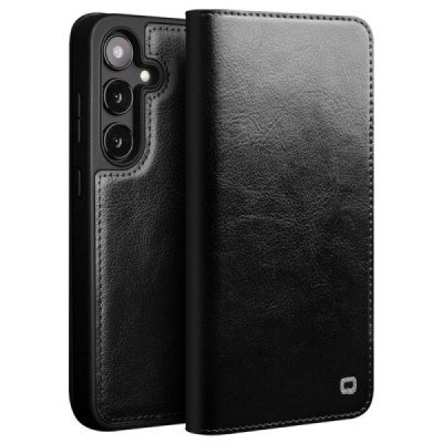 Samsung Galaxy S24 (SM-S921) „QIALINO“ atvēramais ādas melns maciņš - maks | Vacins.lv