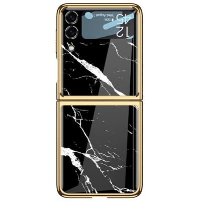 Samsung Galaxy Z Flip3 (F711) GKK Marble melns zelta plastika apvalks | vacins.lv