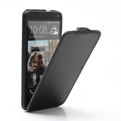 HTC One M7 klasisks ādas vertikāli atvēramais melns maciņš / Vacins.lv