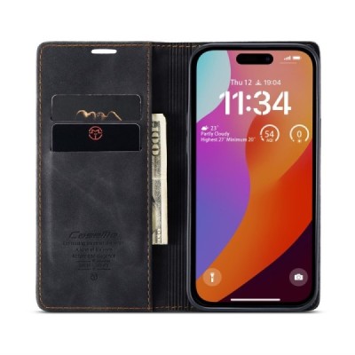 Apple iPhone 16 Pro CaseMe Retro solīds atvēramais ādas melns maciņš - maks | Vacins.lv
