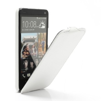 Vertikaliai ādas atvērams balts HTC One M7 futrālis / Vacins.lv
