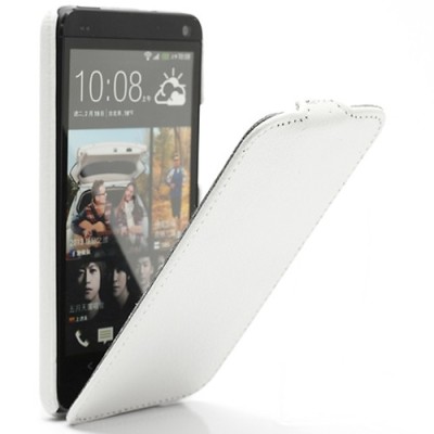 Vertikaliai ādas atvērams balts HTC One M7 futrālis / Vacins.lv