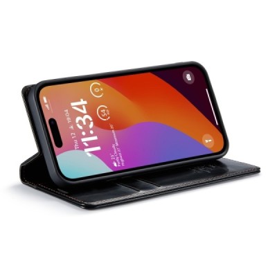 Apple iPhone 16 Pro Max CaseMe Leather solīds atvēramais ādas melns maciņš - maks | Vacins.lv
