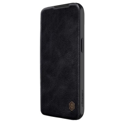 Greznais „Nillkin“ Qin Pro sērijas ādas atvērams melns Apple iPhone 15 maciņš | Vacins.lv