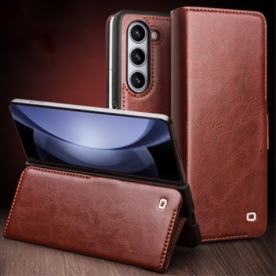 Samsung Galaxy Fold5 5G (SM-F946B) „QIALINO“ открываемый тёмно-коричневый кожаный чехол - книжка | Vacins.lv