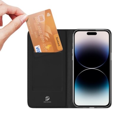 Apple iPhone 15 Pro „Dux Ducis“ Skin sērijas melns ādas atvērams maciņš | Vacins.lv