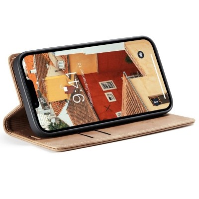 Apple iPhone 15 Plus CaseMe Retro solīds atvēramais ādas gaiši brūns maciņš - maks | Vacins.lv