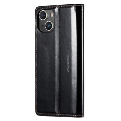 Apple iPhone 15 „CaseMe“ Leather solīds atvēramais ādas melns maciņš - maks | Vacins.lv