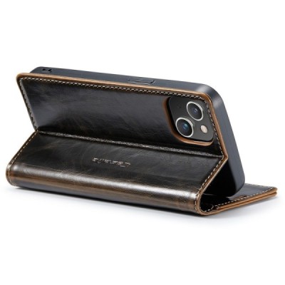 Apple iPhone 15 „CaseMe“ Leather solīds atvēramais ādas brūns maciņš - maks | Vacins.lv
