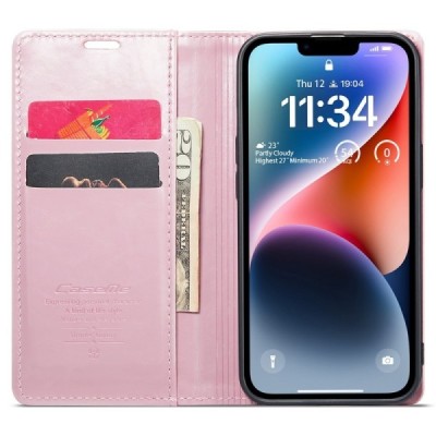 Apple iPhone 15 Plus „CaseMe“ Leather открываемый,розового цвета, кожаный чехол – книжка | Vacins.lv