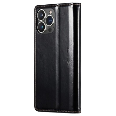 Apple iPhone 15 Pro Max „CaseMe“ Leather solīds atvēramais ādas melns maciņš - maks | Vacins.lv