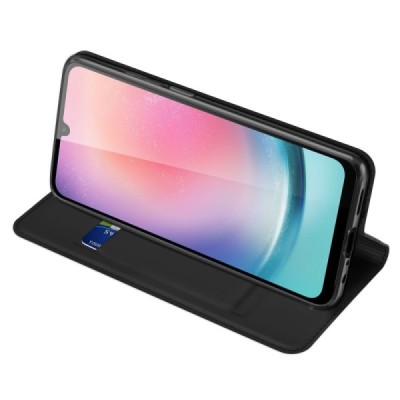Samsung Galaxy A25 (SM-A256) „Dux Ducis“ Skin sērijas melns ādas atvērams maciņš | Vacins.lv