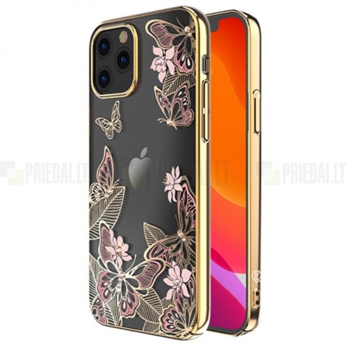 Apple iPhone 12 (12 Pro) elegants Kingxbar Crystal Butterflies Swarovski dzidrs (caurspīdīgs) zelta plastmasas apvalks ar kristāliem