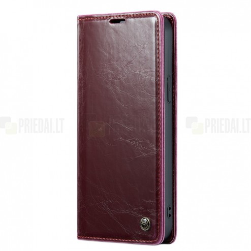 Apple iPhone 14 „CaseMe“ Leather solīds atvēramais ādas bordo maciņš - maks