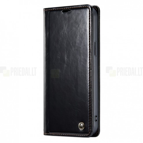 Apple iPhone 14 „CaseMe“ Leather solīds atvēramais ādas melns maciņš - maks