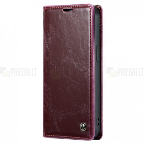 Apple iPhone 14 Pro Max „CaseMe“ Leather solīds atvēramais ādas bordo maciņš - maks